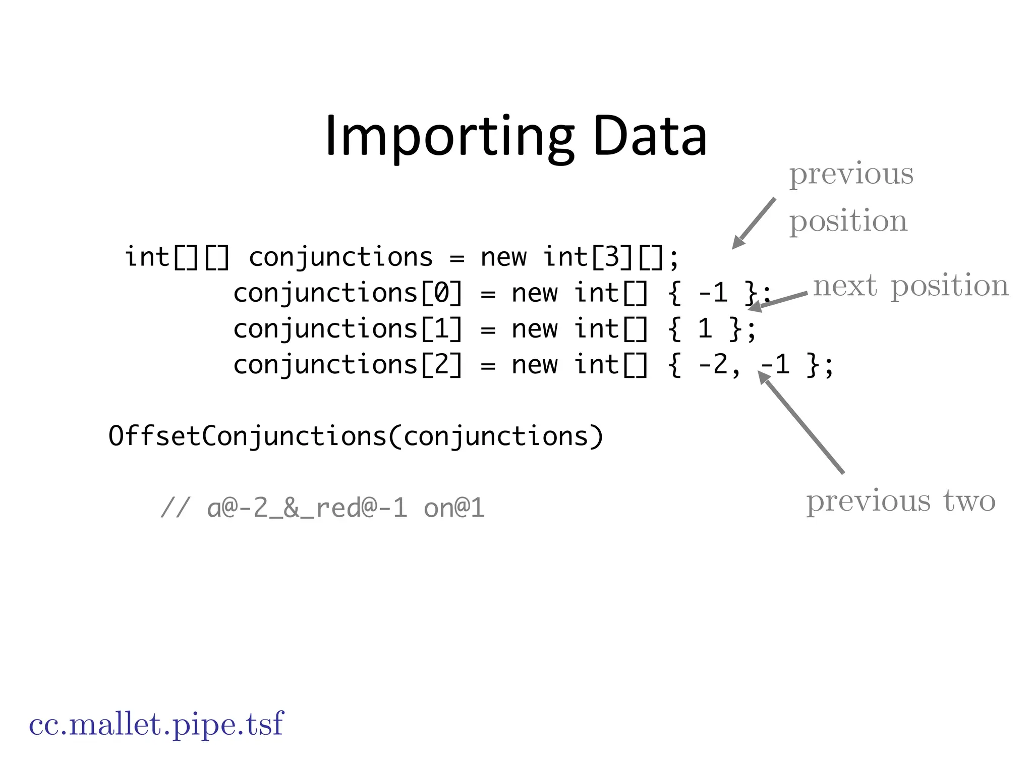 Importing	
  Data
int[][] conjunctions = new int[3][];
conjunctions[0] = new int[] { -1 };
conjunctions[1] = new int[] { 1 };
conjunctions[2] = new int[] { -2, -1 };
!
OffsetConjunctions(conjunctions)
!
// a@-2_&_red@-1 on@1
cc.mallet.pipe.tsf
previous
position
next position
previous two
 