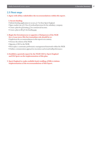 Mallin Basketball review report                                                  2. Executive Summary   17


2.5 Next steps
1.Agree with all key stakeholders the recommendations within this report.

 2. Secure funding.
 • Submit funding application to secure £1.7m from Sport England.
 • Agree market rate £0.15m of overhead provision for the subsidiary company.
 • Create a plan for generating £1m commercial income.
 • Create a plan to fill £0.4m funding gap.

3. Begin the formal process to appoint a Chairperson of the NGB
   for a 4 year term. His/her immediate role should be to:
  • Implement the recommendations in this report in its entirety.
  • Oversee the reform of the NGB.
  • Appoint a CEO to the NGB.
  • Put in place a systematic performance management framework within the NGB.
  • Outline a remuneration approach to incentives and reward staff performance.

4. Establish a quarterly report by the NGB CEO to Sport England
   and UK Sport on the implementation of this plan.

5. Sport England to make available funds totalling £300k to initiate
   implementation of the recommendations of this report.
 
