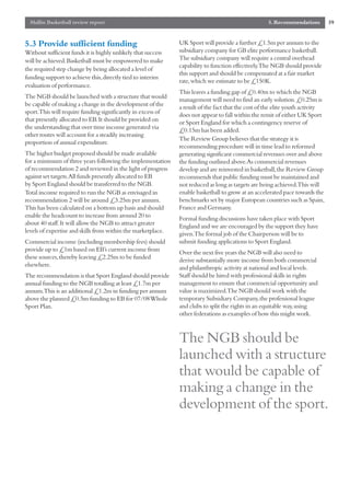 Mallin Basketball review report                                                                   5. Recommendations         39


5.3 Provide sufficient funding                                UK Sport will provide a further £1.5m per annum to the
Without sufficient funds it is highly unlikely that success   subsidiary company for GB elite performance basketball.
will be achieved.Basketball must be empowered to make         The subsidiary company will require a central overhead
                                                              capability to function effectively.The NGB should provide
the required step change by being allocated a level of
                                                              this support and should be compensated at a fair market
funding support to achieve this,directly tied to interim
                                                              rate,which we estimate to be £150K.
evaluation of performance.
                                                              This leaves a funding gap of £0.40m to which the NGB
The NGB should be launched with a structure that would        management will need to find an early solution.£0.25m is
be capable of making a change in the development of the       a result of the fact that the cost of the elite youth activity
sport.This will require funding significantly in excess of    does not appear to fall within the remit of either UK Sport
that presently allocated to EB.It should be provided on       or Sport England for which a contingency reserve of
the understanding that over time income generated via         £0.15m has been added.
other routes will account for a steadily increasing
                                                              The Review Group believes that the strategy it is
proportion of annual expenditure.
                                                              recommending procedure will in time lead to reformed
The higher budget proposed should be made available           generating significant commercial revenues over and above
for a minimum of three years following the implementation     the funding outlined above.As commercial revenues
of recommendation 2 and reviewed in the light of progress     develop and are reinvested in basketball,the Review Group
against set targets.All funds presently allocated to EB       recommends that public funding must be maintained and
by Sport England should be transferred to the NGB.            not reduced as long as targets are being achieved.This will
Total income required to run the NGB as envisaged in          enable basketball to grow at an accelerated pace towards the
recommendation 2 will be around £3.25m per annum.             benchmarks set by major European countries such as Spain,
This has been calculated on a bottom up basis and should      France and Germany.
enable the headcount to increase from around 20 to            Formal funding discussions have taken place with Sport
about 40 staff.It will allow the NGB to attract greater       England and we are encouraged by the support they have
levels of expertise and skills from within the marketplace.   given.The formal job of the Chairperson will be to
Commercial income (including membership fees) should          submit funding applications to Sport England.
provide up to £1m based on EB’s current income from           Over the next five years the NGB will also need to
these sources,thereby leaving £2.25m to be funded             derive substantially more income from both commercial
elsewhere.                                                    and philanthropic activity at national and local levels.
The recommendation is that Sport England should provide       Staff should be hired with professional skills in rights
annual funding to the NGB totalling at least £1.7m per        management to ensure that commercial opportunity and
annum.This is an additional £1.2m in funding per annum        value is maximized.The NGB should work with the
above the planned £0.5m funding to EB for 07/08 Whole         temporary Subsidiary Company,the professional league
Sport Plan.                                                   and clubs to split the rights in an equitable way,using
                                                              other federations as examples of how this might work.



                                                              The NGB should be
                                                              launched with a structure
                                                              that would be capable of
                                                              making a change in the
                                                              development of the sport.
 