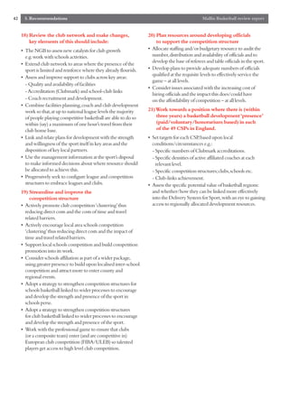 42    5. Recommendations                                                                          Mallin Basketball review report


     18) Review the club network and make changes,                   20) Plan resources around developing officials
         key elements of this should include:                            to support the competition structure
     • The NGB to assess new catalysts for club growth               • Allocate staffing and/or budgetary resource to audit the
       e.g.work with schools activities.                               number,distribution and availability of officials and to
                                                                       develop the base of referees and table officials in the sport.
     • Extend club network to areas where the presence of the
       sport is limited and reinforce where they already flourish.   • Develop plans to provide adequate numbers of officials
                                                                       qualified at the requisite levels to effectively service the
     • Assess and improve support to clubs across key areas:
                                                                       game – at all levels.
       - Quality and availability of facilities
                                                                     • Consider issues associated with the increasing cost of
       - Accreditation (Clubmark) and school-club links
                                                                       hiring officials and the impact this does/could have
       - Coach recruitment and development.                            on the affordability of competition – at all levels.
     • Combine facilities planning,coach and club development
       work so that,at up to national league levels the majority     21) Work towards a position where there is (within
       of people playing competitive basketball are able to do so        three years) a basketball development ‘presence’
       within (say) a maximum of one hour’s travel from their            (paid/voluntary/honorarium based) in each
       club home base.                                                   of the 49 CSPs in England.
     • Link and relate plans for development with the strength       • Set targets for each CSP,based upon local
       and willingness of the sport itself in key areas and the        conditions/circumstances e.g.:
       disposition of key local partners.                              - Specific numbers of Clubmark accreditations.
     • Use the management information at the sport’s disposal          - Specific densities of active affiliated coaches at each
       to make informed decisions about where resource should            relevant level.
       be allocated to achieve this.                                   - Specific competition structures;clubs,schools etc.
     • Progressively seek to configure league and competition          - Club-links achievement.
       structures to embrace leagues and clubs.                      • Assess the specific potential value of basketball regions:
     19) Streamline and improve the                                    and whether/how they can be linked more effectively
         competition structure                                         into the Delivery System for Sport,with an eye to gaining
     • Actively promote club competition ‘clustering’thus              access to regionally allocated development resources.
       reducing direct costs and the costs of time and travel
       related barriers.
     • Actively encourage local area schools competition
       ‘clustering’thus reducing direct costs and the impact of
       time and travel related barriers.
     • Support local schools competition and build competition
       promotion into its work.
     • Consider schools affiliation as part of a wider package,
       using greater presence to build upon localised inter-school
       competition and attract more to enter county and
       regional events.
     • Adopt a strategy to strengthen competition structures for
       schools basketball linked to wider processes to encourage
       and develop the strength and presence of the sport in
       schools perse.
     • Adopt a strategy to strengthen competition structures
       for club basketball linked to wider processes to encourage
       and develop the strength and presence of the sport.
     • Work with the professional game to ensure that clubs
       (or a composite team) enter (and are competitive in)
       European club competition (FIBA/ULEB) so talented
       players get access to high level club competition.
 