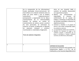 de la comprensión de las informaciones                  otros en una situación dada y
locales planteadas (macro-estructuras). Se              sustento los posibles desacuerdos
hará énfasis en la relación existente entre el          con argumentos propios.
texto con otros textos y por el ámbito                 Aporto     mis      conocimientos    y
sociocultural                (superestructuras,         capacidades       al     proceso    de
jerarquización y organización de las ideas,             conformación de un equipo de
reconocimiento de la intencionalidad                    trabajo y contribuyo al desarrollo de
textual). Se tendrán en cuenta el                       las acciones orientadas a alcanzar los
reconocimiento de valores, juicios y puntos             objetivos previstos.
de vista personales. Se estimulará el                  Convoco y movilizo a un grupo en
esfuerzo, el interés, la dedicación, la libertad        torno a una visión compartida sobre
de expresión coloquial y artística,                     sus problemas colectivos
incentivando la creatividad y imaginación.             y la necesidad de cambiar para resolverlos.
                                                       Identifico los intereses en juego y los
                                                        conflictos actuales o potenciales de un
                                                        grupo y contribuyo a resolver, mediante
Feria de saberes integrados                             consenso, las diferencias y dificultades.




                                                   CRITERIOS DE EVALUACIÓN
                                                   El proceso de evaluación está ajustado a las
                                                   disposiciones legales y al P.E.I. de la
                                                   Institución y a los recursos disponibles de la
 