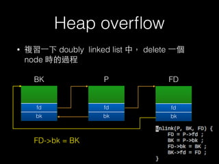 Heap overﬂow
• 複習⼀一下 doubly linked list 中， delete ⼀一個
node 時的過程
fd
bk
fd
bk
fd
bk
P
FD->bk = BK
FDBK
 