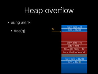 Heap overﬂow
• using unlink
• free(q)
prev_size = 0x80
size = 0x80
prev_size = 0
size = 0x80
prev_size = 0
size = 0x81
fd = &bin
bk = &bin
prev_size = 0
size = 0x81
fd = got entry - 12
bk = shellcode addr
q
 