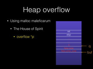 Heap overﬂow
• Using malloc maleﬁcarum
• The House of Spirit
• overﬂow *p
ret
ebp
…
…
q
fake size
fake prev_size
buf
q
 