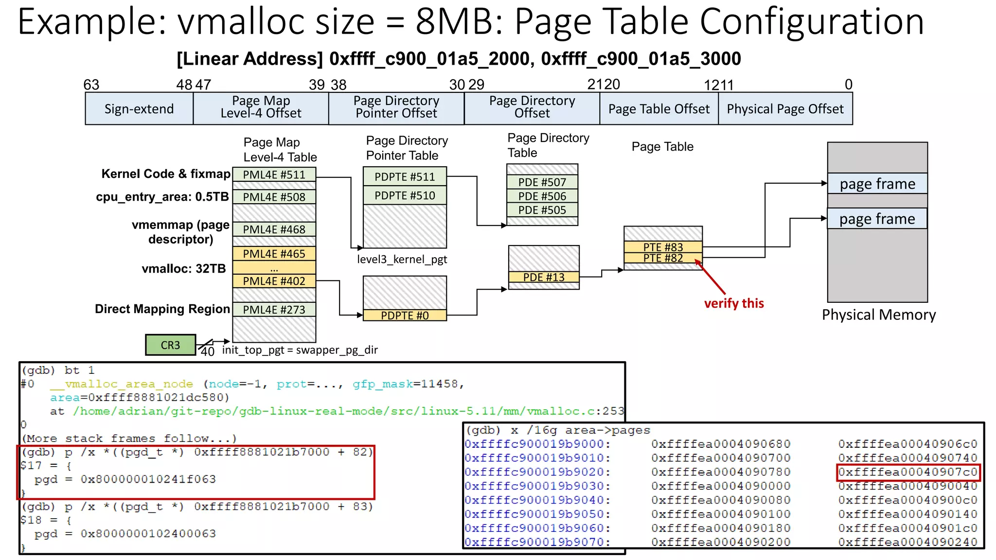 Page Map
Level-4 Table
40
CR3 init_top_pgt = swapper_pg_dir
Sign-extend
Page Map
Level-4 Offset Physical Page Offset
0
30 21
39 20
38 29
47
48
63
Page Directory
Pointer Offset
Page Directory
Offset
Page Directory
Pointer Table
Page Directory
Table
level3_kernel_pgt
PDPTE #511
PDPTE #510 PDE #506
PDE #507
PDE #505
Direct Mapping Region
Kernel Code & fixmap
cpu_entry_area: 0.5TB
vmalloc: 32TB
PDE #13
PML4E #402
PML4E #273
…
PML4E #465
PML4E #468
PML4E #508
PML4E #511
vmemmap (page
descriptor)
PDPTE #0
Page Table Offset
1211
PTE #82
PTE #83
Page Table
Physical Memory
page frame
Example: vmalloc size = 8MB: Page Table Configuration
[Linear Address] 0xffff_c900_01a5_2000, 0xffff_c900_01a5_3000
page frame
verify this
 