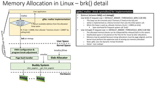 Memory Allocation in Linux – brk() detail
Buddy System
alloc_page(s), __get_free_page(s)
Slab Allocator
kmalloc/kfree
brk or mmap
. . .
vmalloc
User Space
Kernel Space
Hardware
• Balance between brk() and mmap()
• Use brk() if request size < DEFAULT_MMAP_THRESHOLD_MIN (128 KB)
o The heap can be trimmed only if memory is freed at the top end.
o sbrk() is implemented as a library function that uses the brk() system call.
o When the heap is used up, allocate memory chunk > 128KB via brk().
▪ Save overhead for frequent system call ‘brk()’
• Use mmap() if request size >= DEFAULT_MMAP_THRESHOLD_MIN (128 KB)
o The allocated memory blocks can be independently released back to the system.
o Deallocated space is not placed on the free list for reuse by later allocations.
o Memory may be wasted because mmap allocations must be page-aligned; and the
kernel must perform the expensive task of zeroing out memory allocated.
o Note: glibc uses the dynamic mmap threshold
o Detail: `man mallopt`
[glibc] malloc: check sysmalloc() for implementation
User application
glibc: malloc implementation
Allocated
heap space
enough? Y: Return available address from the allocated
heap space
N: if size < 128KB, then allocate “memory chunk > 128KB” by
calling brk()
VMA Configuration &
program break adjustment
Page fault handler
malloc
 