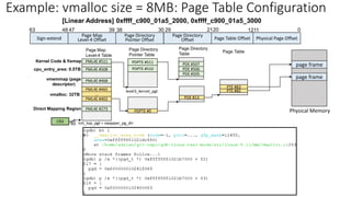 Page Map
Level-4 Table
40
CR3 init_top_pgt = swapper_pg_dir
Sign-extend
Page Map
Level-4 Offset Physical Page Offset
0
30 21
39 20
38 29
47
48
63
Page Directory
Pointer Offset
Page Directory
Offset
Page Directory
Pointer Table
Page Directory
Table
level3_kernel_pgt
PDPTE #511
PDPTE #510 PDE #506
PDE #507
PDE #505
Direct Mapping Region
Kernel Code & fixmap
cpu_entry_area: 0.5TB
vmalloc: 32TB
PDE #13
PML4E #402
PML4E #273
…
PML4E #465
PML4E #468
PML4E #508
PML4E #511
vmemmap (page
descriptor)
PDPTE #0
Page Table Offset
1211
PTE #82
PTE #83
Page Table
Physical Memory
page frame
Example: vmalloc size = 8MB: Page Table Configuration
[Linear Address] 0xffff_c900_01a5_2000, 0xffff_c900_01a5_3000
page frame
 