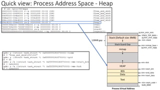 Text
Process Virtual Address
Data
HEAP
mm->start_code =
0x40_0000
BSS
mmap
Stack (Default size: 8MB)
mm->mmap_base =
0x7FFF_F7FF_F000
STACK_TOP_MAX =
0x7FFF_FFFF_F000
0
128MB gap
0x7FFF_FFFF_FFFF
Stack Guard Gap
mm->stack
mm->brk
mm->start_brk
mm->start_data
mm->end_data
Quick view: Process Address Space - Heap
 