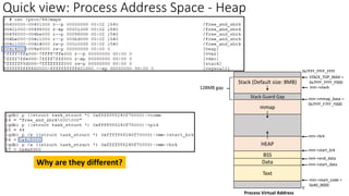 Text
Process Virtual Address
Data
HEAP
mm->start_code =
0x40_0000
BSS
mmap
Stack (Default size: 8MB)
mm->mmap_base =
0x7FFF_F7FF_F000
STACK_TOP_MAX =
0x7FFF_FFFF_F000
0
128MB gap
0x7FFF_FFFF_FFFF
Stack Guard Gap
mm->stack
mm->brk
mm->start_brk
mm->start_data
mm->end_data
Quick view: Process Address Space - Heap
Why are they different?
 