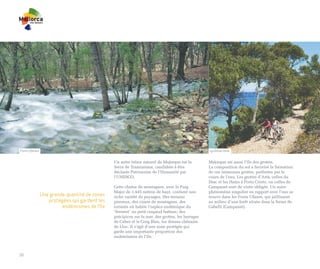 Fonts Ufanes                                                                                     cyclotourisme


                                              Un autre trésor naturel de Majorque est la         Majorque est aussi l’île des grottes.
                                              Serra de Tramuntana, candidate à être              La composition du sol a favorisé la formation
                                              déclarée Patrimoine de l’Humanité par              de ces immenses grottes, perforées par le
                                              l’UNESCO.                                          cours de l’eau. Les grottes d’Artà, celles du
                                                                                                 Drac et les Hams à Porto Cristo, ou celles de
                                              Cette chaîne de montagnes, avec le Puig            Campanet sont de visite obligée. Un autre
                                              Major de 1.445 mètres de haut, contient une        phénomène singulier en rapport avec l’eau se
               Une grande quantité de zones   riche variété de paysages. Des terrains            trouve dans les Fonts Ufanes, qui jaillissent
                  protégées qui gardent les   pierreux, des cimes de montagnes, des              au milieu d’une forêt située dans la ferme de
                        endémismes de l’île   torrents où habite l’espèce endémique du           Gabellí (Campanet).
                                              "ferreret" ou petit crapaud baléare, des
                                              précipices sur la mer, des grottes, les barrages
                                              de Cúber et le Gorg Blau, les denses chênaies
                                              de Lluc. Il s’agit d’une zone protégée qui
                                              garde une importante proportion des
                                              endémismes de l’île.



20
 