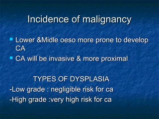 Incidence of malignancyIncidence of malignancy
 Lower &Midle oeso more prone to developLower &Midle oeso more prone to develop
CACA
 CA will be invasive & more proximalCA will be invasive & more proximal
TYPES OF DYSPLASIATYPES OF DYSPLASIA
-Low grade : negligible risk for ca-Low grade : negligible risk for ca
-High grade :very high risk for ca-High grade :very high risk for ca
 