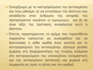  Συνεχίζουμε με το κατηγορούμενο του αντικειμένου
και τους ωθούμε: α) να εντοπίσουν την ιδιότητα που
αποδίδεται στον άνθρωπο της ιστορίας του
προηγούμενου κειμένου (α΄παράγραφος) και β) σε
ποια λέξη της πρότασης αναφέρεται αυτή η
ιδιότητα.
 Έπειτα, παρατηρώντας το σχήμα που παρατίθεται
παρακάτω καλούνται να συσκεφθούν και να
διατυπώσει η κάθε ομάδα έναν κανόνα για το
κατηγορούμενο του αντικειμένου. Δίνουμε μεγάλη
έμφαση στη διαφοροποίηση της πτώσης ανάμεσα
στο κατηγορούμενο του υποκειμένου (ονομαστική)
και του αντικειμένου (αιτιατική) και φυσικά στη
συμφωνία ως προς το γένος και τον αριθμό.
 