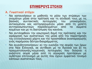 Α. Γνωστικοί στόχοι 
• Να κατανοήσουν οι μαθητές το ρόλο των πτώσεων των 
ονομάτων μέσα στην πρόταση και τη σύνδεσή τους με τις 
βασικές συντακτικές λειτουργίες του υποκειμένου, 
αντικειμένου και κατηγορουμένου μέσα από τη μελέτη 
αντιπροσωπευτικών παραδειγμάτων από τα σώματα 
κειμένων και με τη διατύπωση του κανόνα. 
• Να αντιληφθούν την εσωτερική δομή της πρότασης και την 
ιεράρχηση των συστατικών της μέσα από την παρατήρηση 
του εννοιολογικού χάρτη και την προσπάθεια αναπαραγωγής 
ενός παρόμοιου δέντρο-διαγράμματος. 
• Να συνειδητοποιήσουν: α) την ευελιξία της σειράς των όρων 
στα Νέα Ελληνικά, σε αντίθεση με τα Αγγλικά και β) τις 
πραγματολογικές/κειμενικές λειτουργίες που δηλώνει η 
εκάστοτε σειρά μέσα από τη σύγκριση προτάσεων με 
ουδέτερο επιτονισμό με αυτές που έχουν εμφατικό τονισμό 
κάποιων συστατικών τους. 
 