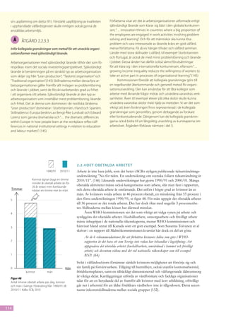 sin uppfattning om detta (91). Förstärkt uppföljning av kvaliteten          Författarna visar att det är arbetsorganisationer utformade enligt
  i upphandlade välfärdstjänster skulle rimligen också gynna de               självständigt lärande som klarar sig bäst i den globala konkurren-
  anställdas arbetsmiljö.                                                     sen; “… innovation thrives in countries where a big proportion of
                                                                              the employees are engaged in work activities involving problem
      Å    åtgärd 2.2.3.3                                                     solving and learning”. Och för att människor ska kunna lösa
                                                                              problem och vara intresserade av lärande krävs en god välfärd,
  Inför kollegiala granskningar som metod för att utveckla organi-            menar författarna. På så vis hänger tillväxt och välfärd samman.
  sationsformer med självständigt lärande.                                    Länder med stora skillnader i välfärd, till exempel Storbritannien
                                                                              och Portugal, är också de med minst problemlösning och lärande
  Arbetsorganisationer med självständigt lärande tillhör det som fö-          i jobbet. Dessa länder har därför också sämst förutsättningar
  respråkas inom det sociala investeringsperspektivet. Självständigt          för att klara sig i den internationella konkurrensen, eftersom “…
  lärande är benämningen på en särskild typ av arbetsorganisation             growing income inequality reduces the willingness of workers to
  som skiljer sig från ”Lean production”, ”Taylorist organisation” och        take an active part in processes of organisational learning.” (145)
  ”Traditional organisation”.(145) Skillnaderna mellan dessa fyra ar-                Kommissionen föreslår att kollegiala granskningar görs till
  betsorganisationer gäller framför allt inslagen av problemlösning           en regelbundet återkommande och generell metod för organi-
  och lärande i jobbet, samt de förvärvsarbetandes grad av frihet             sationsutveckling. Den kan användas för att låta kollegor som
  i att organisera sitt arbete. Självständigt lärande är den typ av           arbetar med liknande frågor mötas och utvärdera varandras verk-
  arbetsorganisation som innehåller mest problemlösning, lärande              samheter. Även till exempel elever på olika skolor skulle kunna
  och frihet. Det är denna som dominerar i de nordiska länderna.              utvärdera varandras skolor med hjälp av metoden. Vi ser det som
  ”Lean production” dominerar i Storbritannien, Irland och Spanien.           viktigt att även forskningen finns representerad i de kollegiala
  Skillnaderna i Europa beskrivs av Bengt-Åke Lundvall och Edward             granskningar som genomförs, genom deltagande av forskare
  Lorenz som ganska dramatiska och “… the dramatic differences                eller forskarstuderande. Därigenom kan de kollegiala gransknin-
  within Europe in how people learn at the workplace reflect dif-             garna också bidra till en långsiktig utveckling av kunskaperna om
  ferences in national institutional settings in relation to education        arbetslivet. Åtgärden förklaras närmare i del 3.
  and labour markets”. (145)




                                                      2.2.4	Det obetalda arbetet
                               1990/91     2010/11    Arbete är inte bara jobb, som det heter i SCB:s nyligen publicerade tidsanvändnings-
                                                      undersökning ”Nu för tiden. En undersökning om svenska folkets tidsanvändning år
                    Kvinnor ägnar drygt en timme      2010/11”. (146) Liknande undersökningar har gjorts 1990/91 och 2000/01. Många
                    mindre åt obetalt arbete än för
                    20 år sedan men fortfarande
                                                      obetalda aktiviteter måste också kategoriseras som arbete, slår man fast i rapporten,
  Timmar                                              och detta obetalda arbete är omfattande. Det utförs i högre grad av kvinnor än av
                    nästan en timme mer än män
                                                      män. Av kvinnors totala arbete är 46 procent obetalt, en minskning från 55 procent i
  5                                                   den förra undersökningen 1990/91, se figur 48. För män uppgår det obetalda arbetet
                                                      till 36 procent av det totala arbetet. Det har dock ökat med ungefär 3 procentenhe-
                                                      ter. Skillnaderna mellan könen har därmed minskat.
  4                                                          Även WHO-kommissionen ser det som viktigt att vidga synen på arbete och
                                                      synliggöra det obetalda arbetet. Hushållsarbete, omsorgsarbete och frivilligt arbete
                                                      måste inbegripas i de nationella räkenskaperna, menar WHO-kommissionen och
  3                                                   hänvisar bland annat till Kanada som ett gott exempel. Som Susanna Toivanen et al
                                                      skriver i en rapport till Malmökommissionen kvarstår här dock en del att göra:
                                                           Av de 6 rekommendationer för att förbättra kvinnors hälsa som görs i WHO-
  2                                                        rapporten är det bara ett som Sverige inte redan har behandlat i lagstiftning: Att
                                                           uppgradera det obetalda arbetet (hushållsarbete, omvårdnad i hemmet och frivilligt
                                                           arbete) och dessutom räkna med det vid nationella räkenskaper som till exempel
  1                                                        BNP. (64)
                                                      Svikt i välfärdssektorn försämrar särskilt kvinnors möjligheter att försörja sig och
  0                                             Kön   sin familj på förvärvsarbete. Tillgång till barntillsyn, också utanför kontorsarbetstid,
              kvinnor           män                   fritidshemsplatser, samt en tillräckligt dimensionerad och välfungerande äldreomsorg
                                                      är viktiga delar. Kartläggningar utförda av vårdforskare och fackliga organisationer
  Figur 48
  Antal timmar obetalt arbete per dag, kvinnor        talar för att en betydande del av framför allt kvinnor med kort utbildning, ofrivilligt
  och män i Sverige. Förändring från 1990/91 till     går ner i arbetstid för att äldre föräldrars vårdbehov inte är tillgodosett. Detta accen-
  2010/11. Källa: SCB, 2010                           tuerar inkomstskillnaderna mellan sociala grupper (132).



114
 