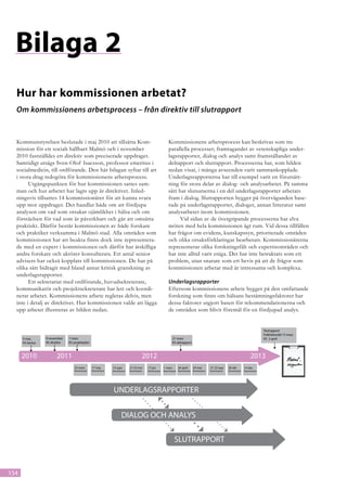 Bilaga 2
  Hur har kommissionen arbetat?
  Om kommissionens arbetsprocess – från direktiv till slutrapport


  Kommunstyrelsen beslutade i maj 2010 att tillsätta Kom-                                               Kommissionens arbetsprocess kan beskrivas som tre
  mission för ett socialt hållbart Malmö och i november                                                 parallella processer; framtagandet av vetenskapliga under-
  2010 fastställdes ett direktiv som preciserade uppdraget.                                             lagsrapporter, dialog och analys samt framställandet av
  Samtidigt utsågs Sven-Olof Isacsson, professor emeritus i                                             delrapport och slutrapport. Processerna har, som bilden
  socialmedicin, till ordförande. Den här bilagan syftar till att                                       nedan visar, i många avseenden varit sammankopplade.
  i stora drag redogöra för kommissionens arbetsprocess.                                                Underlagsrapporterna har till exempel varit en förutsätt-
        Utgångspunkten för hur kommissionen sattes sam-                                                 ning för stora delar av dialog- och analysarbetet. På samma
  man och hur arbetet har lagts upp är direktivet. Inled-                                               sätt har slutsatserna i en del underlagsrapporter arbetats
  ningsvis tillsattes 14 kommissionärer för att kunna svara                                             fram i dialog. Slutrapporten bygger på överväganden base-
  upp mot uppdraget. Det handlar både om att fördjupa                                                   rade på underlagsrapporter, dialoger, annan litteratur samt
  analysen om vad som orsakar ojämlikhet i hälsa och om                                                 analysarbetet inom kommissionen.
  förståelsen för vad som är påverkbart och går att omsätta                                                   Vid sidan av de övergripande processerna har elva
  praktiskt. Därför består kommissionen av både forskare                                                möten med hela kommissionen ägt rum. Vid dessa tillfällen
  och praktiker verksamma i Malmö stad. Alla områden som                                                har frågor om evidens, kunskapssyn, prioriterade områden
  kommissionen har att beakta finns dock inte representera-                                             och olika orsaksförklaringar bearbetats. Kommissionärerna
  de med en expert i kommissionen och därför har åtskilliga                                             representerar olika forskningsfält och expertisområden och
  andra forskare och aktörer konsulterats. Ett antal senior                                             har inte alltid varit eniga. Det har inte betraktats som ett
  advisers har också kopplats till kommissionen. De har på                                              problem, utan snarare som ett bevis på att de frågor som
  olika sätt bidragit med bland annat kritisk granskning av                                             kommissionen arbetar med är intressanta och komplexa.
  underlagsrapporter.
        Ett sekretariat med ordförande, huvudsekreterare,                                               Underlagsrapporter
  kommunikatör och projektsekreterare har lett och koordi-                                              Eftersom kommissionens arbete bygger på den omfattande
  nerat arbetet. Kommissionens arbete regleras delvis, men                                              forskning som finns om hälsans bestämningsfaktorer har
  inte i detalj av direktivet. Hur kommissionen valde att lägga                                         dessa faktorer utgjort basen för rekommendationerna och
  upp arbetet illustreras av bilden nedan.                                                              de områden som blivit föremål för en fördjupad analys.


                                                                                                                                                                               Slutrapport
                                                                                                                                                                               Folkhälsoråd 15 mars
      5 maj       9 november    1 mars                                                                        21 mars                                                          KS 2 april
      KS beslut   KS direktiv   KS projektplan                                                                KS delrapport



      2010              2011                                                        2012                                                                              2013
                                   22 mars       17 maj       13 sept      21-22 nov    17 jan       1 mars      26 april     24 maj    21-22 aug    26 okt       14 dec
                                   Kommission    Kommission   Kommission   Kommission   Kommission   Kommission Kommission Kommission   Kommission   Kommission   Kommission




                                                              UNDERLAGSRAPPORTER


                                                                    DIALOG OCH ANALYS

                                                                                                               SLUTRAPPORT


154
 