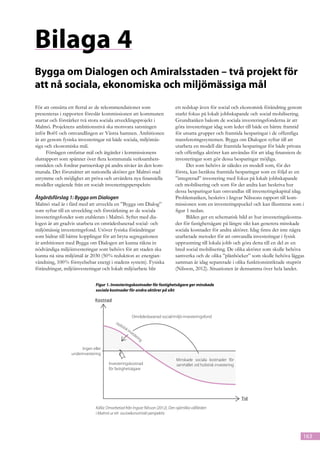 Bilaga 4
Bygga om Dialogen och Amiralsstaden – två projekt för
att nå sociala, ekonomiska och miljömässiga mål
För att omsätta ett flertal av de rekommendationer som                         ett redskap även för social och ekonomisk förändring genom
presenteras i rapporten föreslår kommissionen att kommunen                     starkt fokus på lokalt jobbskapande och social mobilisering.
startar och förstärker två stora sociala utvecklingsprojekt i                  Grundtanken bakom de sociala investeringsfonderna är att
Malmö. Projektens ambitionsnivå ska motsvara satsningen                        göra investeringar idag som leder till både en bättre framtid
inför Bo01 och omvandlingen av Västra hamnen. Ambitionen                       för utsatta grupper och framtida besparingar i de offentliga
är att genom fysiska investeringar nå både sociala, miljömäs-                  transfereringssystemen. Bygga om Dialogen syftar till att
siga och ekonomiska mål.                                                       utarbeta en modell där framtida besparingar för både privata
      Förslagen omfattar mål och åtgärder i kommissionens                      och offentliga aktörer kan användas för att idag finansiera de
slutrapport som spänner över flera kommunala verksamhets-                      investeringar som gör dessa besparingar möjliga.
områden och fordrar partnerskap på andra nivåer än den kom-                          Det som behövs är således en modell som, för det
munala. Det förutsätter att nationella aktörer ger Malmö stad                  första, kan beräkna framtida besparingar som en följd av en
utrymme och möjlighet att pröva och utvärdera nya finansiella                  ”integrerad” investering med fokus på lokalt jobbskapande
modeller utgående från ett socialt investeringsperspektiv.                     och mobilisering och som för det andra kan beskriva hur
                                                                               dessa besparingar kan omvandlas till investeringskapital idag.
Åtgärdsförslag 1: Bygga om Dialogen                                            Problematiken, beskrivs i Ingvar Nilssons rapport till kom-
Malmö stad är i färd med att utveckla en ”Bygga om Dialog”                     missionen som en investeringspuckel och kan illustreras som i
som syftar till en utveckling och förstärkning av de sociala                   figur 1 nedan.
investeringsfonder som etablerats i Malmö. Syftet med dia-                           Bilden ger en schematisk bild av hur investeringskostna-
logen är att gradvis utarbeta en områdesbaserad social- och                    der för fastighetsägare på längre sikt kan generera minskade
miljömässig investeringsfond. Utöver fysiska förändringar                      sociala kostnader för andra aktörer. Idag finns det inte några
som bidrar till bättre kopplingar för att bryta segregationen                  utarbetade metoder för att omvandla investeringar i fysisk
är ambitionen med Bygga om Dialogen att kunna räkna in                         upprustning till lokala jobb och göra detta till en del av en
nödvändiga miljöinvesteringar som behövs för att staden ska                    bred social mobilisering. De olika aktörer som skulle behöva
kunna nå sina miljömål år 2030 (50% reduktion av energian-                     samverka och de olika ”plånböcker” som skulle behöva läggas
vändning, 100% förnyelsebar energi i stadens system). Fysiska                  samman är idag separerade i olika funktionsinriktade stuprör
förändringar, miljöinvesteringar och lokalt miljöarbete blir                   (Nilsson, 2012). Situationen är densamma över hela landet.

                               Figur 1. Investeringskostnader för fastighetsägare ger minskade
                               sociala kostnader för andra aktörer på sikt

                              Kostnad


                                                        Områdesbaserad social/miljö-investeringsfond
                                           Hol
                                              isti
                                                  sk
                                                     inv
                                                        est
                                                           er   ing

                       Ingen eller
                 underinvestering
                                                                                Minskade sociala kostnader för
                                      Investeringskostnad                       samhället vid holistisk investering
                                      för fastighetsägare




                                                                                                                      Tid

                               Källa: Omarbetad från Ingvar Nilsson (2012), Den ojämlika välfärden
                               i Malmö ur ett socioekonomiskt perspektiv




                                                                                                                                            163
 