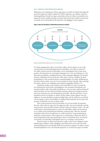 0.6.1	Social position och hälsa
     Diderichsen och medarbetare (42) har tagit fram en modell som bland annat legat till
     grund för rapporten Ulighed i sundhed (43). WHO-rapporten om ohälsans sociala be-
     stämningsfaktorer föreslår en något annorlunda version (1). Dessa två modeller som
     bygger på mycket snarlika principer, har legat till grund för den modell som presente-
     ras nedan som en förståelseram till analyserna och upplägget i denna rapport.

     Figur 5: Ram för förståelse av Malmökommissionens analyser


                                                Samhälle
                                     Struktur, processer och system




                                                                           Konsekvenser av
     Social position           Levnadsvillkor               Hälsa/ohälsa
                                                                             hälsa/ohälsa




     Källa: Omarbetad efter Diderichsen 2011 och WHO 2008


     En viktig utgångspunkt, vilket visas på flera ställen i denna rapport, är att en låg
     social position är starkt förknippad med levnadsvillkor som utgör en ökad risk
     för ohälsa, jämfört med de levnadsvillkor som är förknippade med en hög social
     position. Social position är ett komplext begrepp som vi inte ska fördjupa oss i här.
     Det pekar på ställning i samhällsstrukturen, vilket inbegriper tillgångar, till exempel
     inkomst, utbildning och bostad, liksom vilket arbete man har. Vanligtvis är dessa
     bestämningar av den sociala positionen sammankopplade. En högre utbildning kan
     leda till ett bättre arbete som i sin tur kan innebära en högre inkomst. Men samtidigt
     har arbete, inkomst och utbildning egna distinkta kopplingar till hälsa (171)
           Sambandet mellan social position och levnadsvillkor är starkt. Levnadsvill-
     kor innefattar här såväl fysiska omständigheter som bostadens beskaffenhet och
     bostadsområdets miljö, arbetsmiljö/skolmiljö etc, och även dessa miljöers bidrag till
     olika beteenden som kan relateras till hälsa (rökning, alkohol och drogkonsumtion,
     kostvanor, motionsvanor och skaderelaterat beteende). Allt detta påverkar i sin tur
     individens risk för att drabbas av ohälsa. På flera ställen i denna rapport visas det
     tydligt att vissa levnadsvillkor innebär betydligt högre risk för ohälsa hos en individ,
     och att många av dessa levnadsvillkor är vanligare bland individer med en låg social
     position, än bland de som har en högre sådan.
           Den sociala positionen har även betydelse för vad som händer då individen
     blir sjuk, vilket också tas upp i den här rapporten. Det visar sig att individer med låg
     social position stöter på olika barriärer då deras ohälsa ska hanteras i hälso- och sjuk-
     vårdssystemet. Sammanfattningsvis så beror levnadsvillkor, ohälsa och konsekven-
     ser av ohälsa i hög utsträckning på individens sociala position. Men det omvända
     sambandet råder också. Konsekvenser av ohälsa återverkar i hög utsträckning på
     individens sociala position. Till exempel kan en nedsättning av hälsa leda till att en
     invid marginaliseras från arbetsmarknaden, mister en betydande del av sin inkomst
     och hamnar i levnadsvillkor förknippade med en ny och lägre social position.
           Det har funnits en debatt huruvida detta i själva verket är den viktigaste orsaks-
     kedjan bakom ohälsans sociala ojämlikhet, men Marmot har visat såväl i den fakta-
     sammanställning (44) som föregick WHO-kommissionens rapport om hälsans sociala
     bestämningsfaktorer som i den nämnda rapporten (1) att detta bara utgör en mindre




30
 