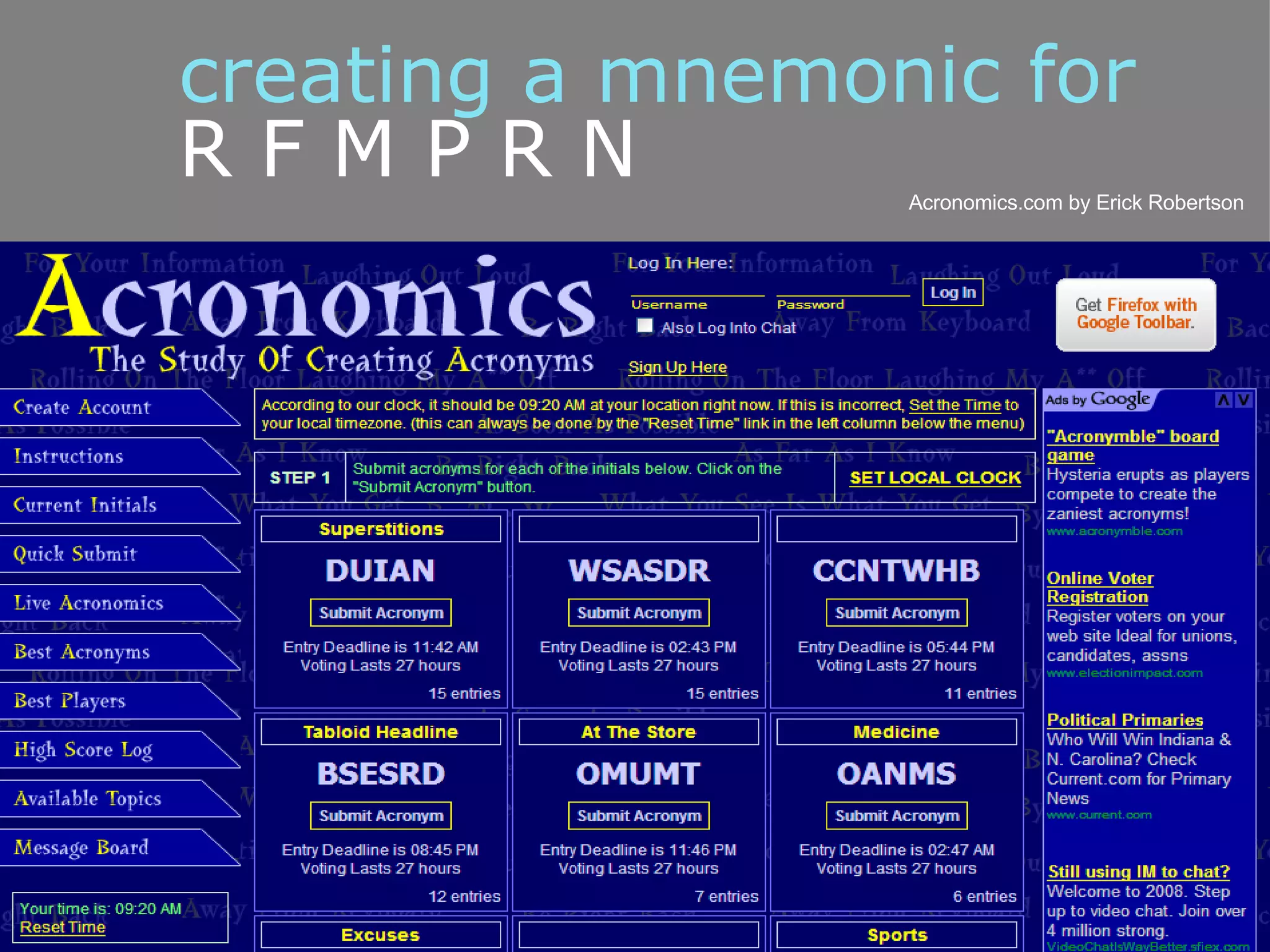 creating a mnemonic for  R F M P R N Acronomics.com by Erick Robertson 