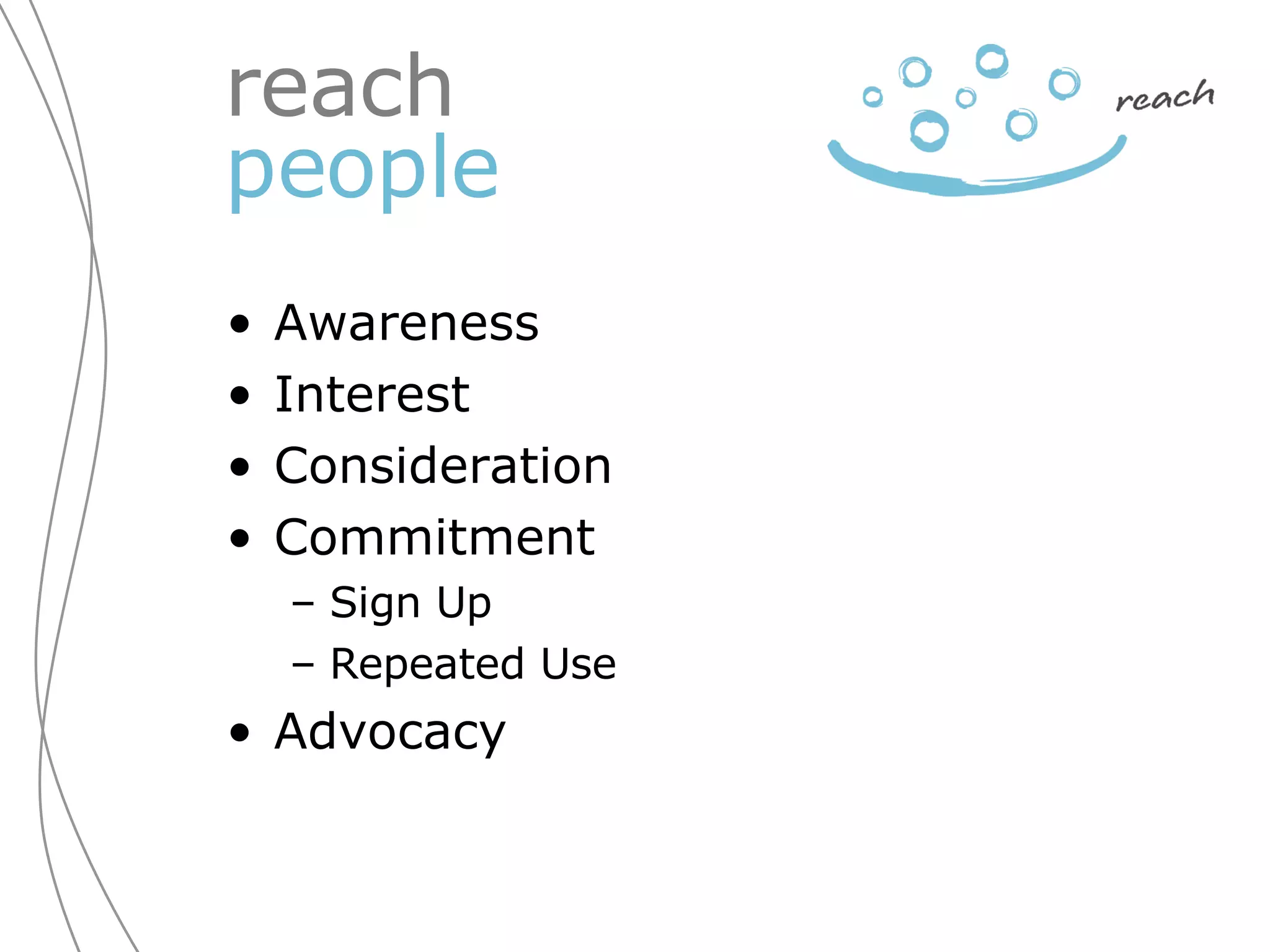 Awareness Interest Consideration Commitment Sign Up Repeated Use Advocacy reach  people 