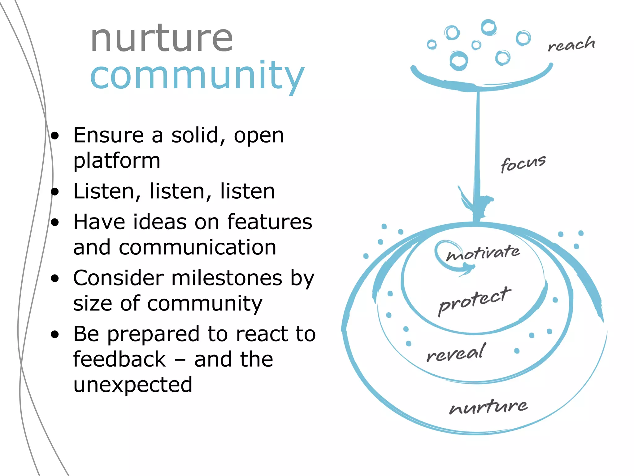 nurture  community Ensure a solid, open platform Listen, listen, listen Have ideas on features and communication  Consider milestones by size of community Be prepared to react to feedback – and the unexpected 