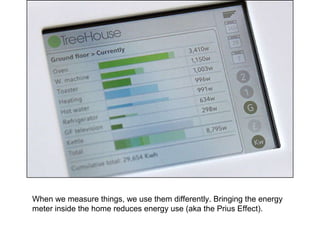 When we measure things, we use them differently. Bringing the energy meter inside the home reduces energy use (aka the Prius Effect). 