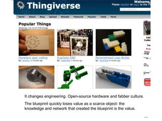 It changes engineering. Open-source hardware and fabber culture. The blueprint quickly loses value as a scarce object: the knowledge and network that created the blueprint is the value. 