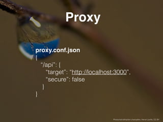 Proxy
proxy.conf.json 
{ 
“/api”: { 
“target”: “http://localhost:3000”, 
“secure”: false 
} 
}
Photocred:réfraction champêtre, Hervé Laville, CC BY
 
