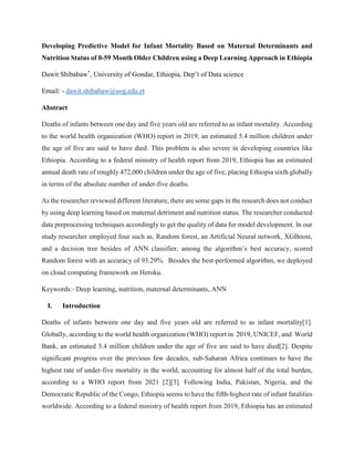 Developing Predictive Model for Infant Mortality Based on Maternal Determinants and
Nutrition Status of 0-59 Month Older C...