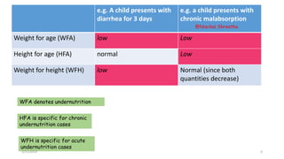 e.g. A child presents with
diarrhea for 3 days
e.g. a child presents with
chronic malabsorption
Weight for age (WFA) low Low
Height for age (HFA) normal Low
Weight for height (WFH) low Normal (since both
quantities decrease)
WFA denotes undernutrition
HFA is specific for chronic
undernutrition cases
WFH is specific for acute
undernutrition cases
3/21/2019
@Nischal Shrestha
4
 