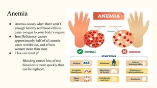 Anemia
● Anemia occurs when there aren’t
enough healthy red blood cells to
carry oxygen to your body’s organs.
● Iron Deficiency causes
approximately half of all anemia
cases worldwide, and affects
women more than men.
● This can result if:
Bleeding causes loss of red
blood cells more quickly than
can be replaced.
 