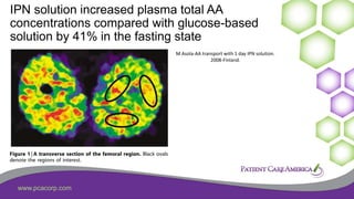 www.pcacorp.com
IPN solution increased plasma total AA
concentrations compared with glucose-based
solution by 41% in the fasting state
M Asola-AA transport with 1 day IPN solution.
2008-Finland.
 