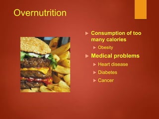 Overnutrition
 Consumption of too
many calories
 Obesity
 Medical problems
 Heart disease
 Diabetes
 Cancer
http://www.mercola.com/images/blog/2005/01.01.junkfood.gif
 