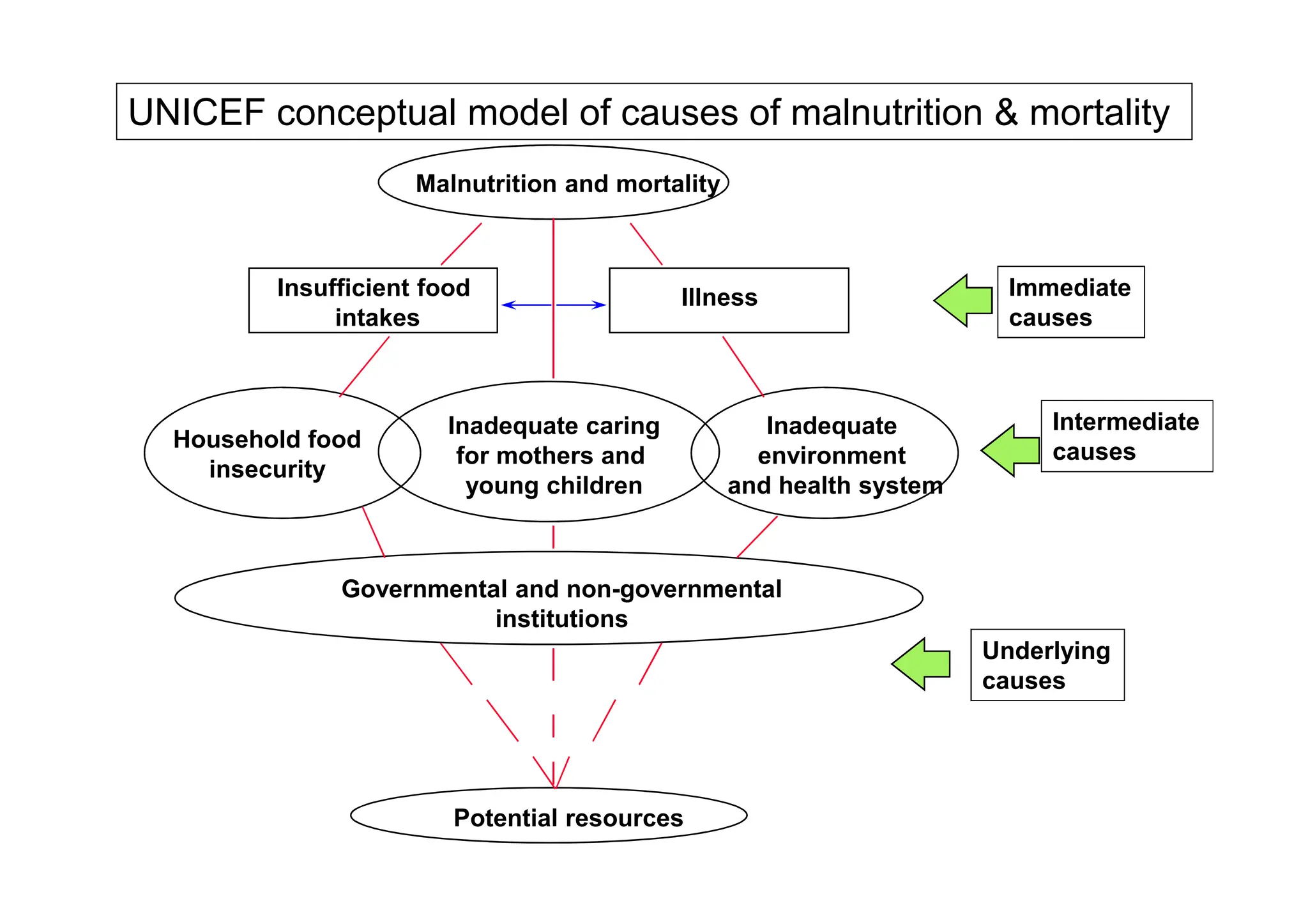 UNICEF conceptual model of causes of malnutrition & mortality
Intermediate
causes
Immediate
causes
Household food
insecurity
Inadequate caring
for mothers and
Inadequate
environment
Insufficient food
intakes
Illness
Malnutrition and mortality
causes
Underlying
causes
insecurity
for mothers and
young children
environment
and health system
Governmental and non-governmental
institutions
Political and ideological structure
Economic context
Potential resources
 