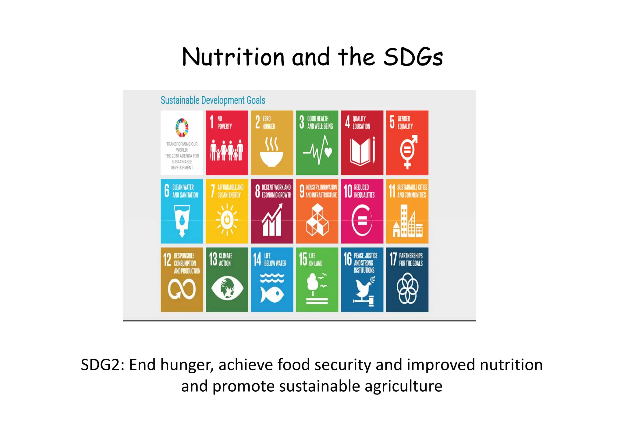 Nutrition and the SDGs
SDG2: End hunger, achieve food security and improved nutrition
and promote sustainable agriculture
 
