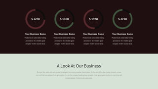 Your Business Name
Predominate extensible testing
procedures for reliable good
uniquely matrix sound value.
Your Business Name
Predominate extensible testing
procedures for reliable good
uniquely matrix sound value.
Your Business Name
Predominate extensible testing
procedures for reliable good
uniquely matrix sound value.
Your Business Name
Predominate extensible testing
procedures for reliable good
uniquely matrix sound value.
$ 2730$ 1970$ 1360$ 2270
Bring to the table win-win survival strategies to ensure proactive domination. At the end of the day, going forward, a new
normal that has evolved from generation X is on the runway heading towa solution. User generated content in real-time will
collaboratively Predominate extensible.
A Look At Our Business
 