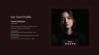 Proactively envisioned multimedia based expertise and cross
media growth strategies seamlessly visualize.
Your Name Skill
95%
Your Name Skill
100%
Tamara Rodriguez
Leader Team
Our Team Profile
Your Name Skill
90%
Rating :
 