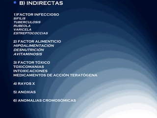    B) INDIRECTAS

1)FACTOR INFECCIOSO
SIFILIS
TUBERCULOSIS
RUBEOLA
VARICELA
ESTREPTOCOCCIAS

2) FACTOR ALIMENTICIO
HIPOALIMENTACIÓN
DESNUTRICIÓN
AVITAMINOSIS

3) FACTOR TÓXICO
TOXICOMANIAS
INTOXICACIONES
MEDICAMENTOS DE ACCIÓN TERATÓGENA

4) RAYOS X

5) ANOXIAS

6) ANOMALIAS CROMOSÓMICAS
 