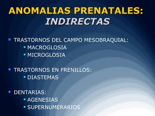 ANOMALIAS PRENATALES:
     INDIRECTAS
   TRASTORNOS DEL CAMPO MESOBRAQUIAL:
        MACROGLOSIA

        MICROGLOSIA



   TRASTORNOS EN FRENILLOS:
        DIASTEMAS



   DENTARIAS:
        AGENESIAS

        SUPERNUMERARIOS
 