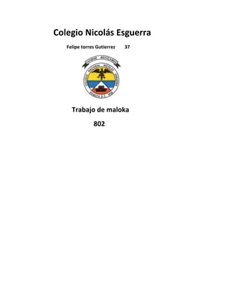 Colegio Nicolás Esguerra
   Felipe torres Gutierrez   37




     Trabajo de maloka
               802
 