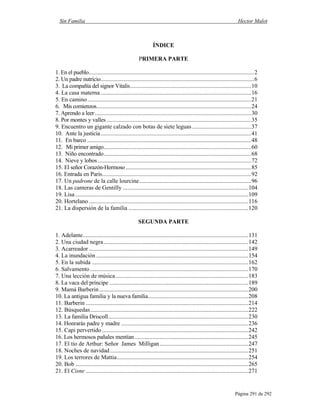 Sin Familia Hector Malot
Página 291 de 292
ÍNDICE
PRIMERA PARTE
1. En el pueblo................................................................................................................2
2. Un padre nutricio........................................................................................................6
3. La compañía del signor Vitalis..................................................................................10
4. La casa materna ......................................................................................................16
5. En camino...............................................................................................................21
6. Mis comienzos.........................................................................................................24
7. Aprendo a leer..........................................................................................................30
8. Por montes y valles ..................................................................................................35
9. Encuentro un gigante calzado con botas de siete leguas ........................................37
10. Ante la justicia......................................................................................................41
11. En barco ...............................................................................................................48
12. Mi primer amigo....................................................................................................60
13. Niño encontrado....................................................................................................68
14. Nieve y lobos........................................................................................................72
15. El señor Corazón-Hermoso.....................................................................................85
16. Entrada en París.....................................................................................................92
17. Un padrone de la calle lourcine............................................................................96
18. Las canteras de Gentilly .....................................................................................104
19. Lisa .....................................................................................................................109
20. Hortelano ............................................................................................................116
21. La dispersión de la familia .................................................................................120
SEGUNDA PARTE
1. Adelante................................................................................................................131
2. Una ciudad negra..................................................................................................142
3. Acarreador ............................................................................................................149
4. La inundación .......................................................................................................154
5. En la subida ..........................................................................................................162
6. Salvamento ...........................................................................................................170
7. Una lección de música..........................................................................................183
8. La vaca del príncipe ..............................................................................................189
9. Mamá Barberin.....................................................................................................200
10. La antigua familia y la nueva familia....................................................................208
11. Barberin ..............................................................................................................214
12. Búsquedas...........................................................................................................222
13. La familia Driscoll...............................................................................................230
14. Honrarás padre y madre ......................................................................................236
15. Capi pervertido ...................................................................................................242
16. Los hermosos pañales mentían.............................................................................245
17. El tío de Arthur: Señor James Milligan............................................................247
18. Noches de navidad..............................................................................................251
19. Los terrores de Mattia.........................................................................................254
20. Bob .....................................................................................................................265
21. El Cisne ..............................................................................................................271
 