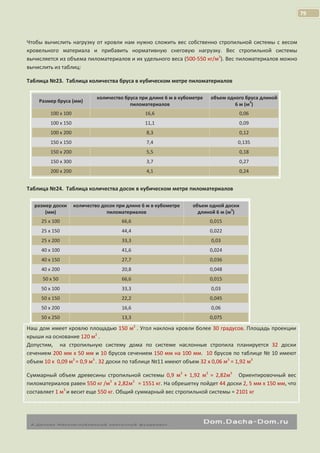 79

Чтобы вычислить нагрузку от кровли нам нужно сложить вес собственно стропильной системы с весом
кровельного материала и прибавить нормативную снеговую нагрузку. Вес стропильной системы
вычисляется из объема пиломатериалов и их удельного веса (500-550 кг/м3). Вес пиломатериалов можно
вычислить из таблиц:
Таблица №23. Таблица количества бруса в кубическом метре пиломатериалов
Размер бруса (мм)

количество бруса при длине 6 м в кубометре
пиломатериалов

объем одного бруса длиной
3
6 м (м )

100 х 100

16,6

0,06

100 х 150

11,1

0,09

100 х 200

8,3

0,12

150 x 150

7,4

0,135

150 х 200

5,5

0,18

150 х 300

3,7

0,27

200 х 200

4,1

0,24

Таблица №24. Таблица количества досок в кубическом метре пиломатериалов
размер доски
(мм)

количество досок при длине 6 м в кубометре
пиломатериалов

объем одной доски
3
длиной 6 м (м )

25 х 100

66,6

0,015

25 х 150

44,4

0,022

25 х 200

33,3

0,03

40 х 100

41,6

0,024

40 х 150

27,7

0,036

40 х 200

20,8

0,048

50 х 50

66,6

0,015

50 х 100

33,3

0,03

50 х 150

22,2

0,045

50 х 200

16,6

0,06

50 х 250

13,3

0,075

Наш дом имеет кровлю площадью 150 м2 . Угол наклона кровли более 30 градусов. Площадь проекции
крыши на основание 120 м2 .
Допустим, на стропильную систему дома по системе наслонные стропила планируется 32 доски
сечением 200 мм х 50 мм и 10 брусов сечением 150 мм на 100 мм. 10 брусов по таблице № 10 имеют
объем 10 х 0,09 м3 = 0,9 м3 . 32 доски по таблице №11 имеют объем 32 х 0,06 м3 = 1,92 м3
Суммарный объем древесины стропильной системы 0,9 м3 + 1,92 м3 = 2,82м3 Ориентировочный вес
пиломатериалов равен 550 кг /м3 х 2,82м3 = 1551 кг. На обрешетку пойдет 44 доски 2, 5 мм х 150 мм, что
составляет 1 м3 и весит еще 550 кг. Общий суммарный вес стропильной системы = 2101 кг

 