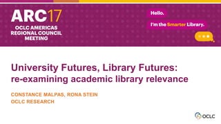 University Futures, Library Futures:
re-examining academic library relevance
CONSTANCE MALPAS, RONA STEIN
OCLC RESEARCH
 