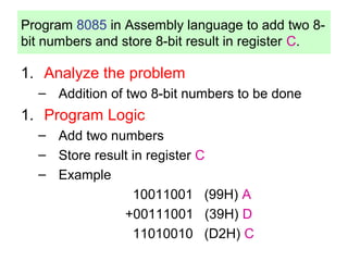 Program 8085 in Assembly language to add two 8- 
bit numbers and store 8-bit result in register C. 
1. Analyze the problem 
– Addition of two 8-bit numbers to be done 
1. Program Logic 
– Add two numbers 
– Store result in register C 
– Example 
10011001 (99H) A 
+00111001 (39H) D 
11010010 (D2H) C 
 