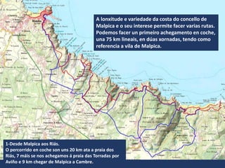 A lonxitude e variedade da costa do concello de
Malpica e o seu interese permite facer varias rutas.
Podemos facer un primeiro achegamento en coche,
una 75 km lineais, en dúas xornadas, tendo como
referencia a vila de Malpica.
1-Desde Malpica aos Riás.
O percorrido en coche son uns 20 km ata a praia dos
Riás, 7 máis se nos achegamos á praia das Torradas por
Aviño e 9 km chegar de Malpica a Cambre.
 