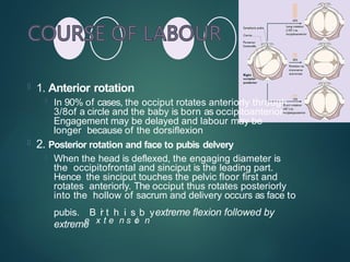  1. Anterior rotation
 In 90% of cases, the occiput rotates anteriorly through
3/8of a circle and the baby is born as occipitoanterior.
Engagement may be delayed and labour may be
longer because of the dorsiflexion
 2. Posterior rotation and face to pubis delvery
 When the head is deflexed, the engaging diameter is
the occipitofrontal and sinciput is the leading part.
Hence the sinciput touches the pelvic floor first and
rotates anteriorly. The occiput thus rotates posteriorly
into the hollow of sacrum and delivery occurs as face to
pubis.
e
B
x
i
r
t
t
e
h
n
i
s
s
i
o
b
n
yextreme flexion followed by
extreme
 