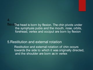 4.
flexion
 The head is born by flexion. The chin pivots under
the symphysis pubis and the mouth, nose, orbits,
forehead, vertex and occiput are born by flexion
5.Restitution and external rotation
 Restitution and external rotation of chin occurs
towards the side to which it was originally directed,
and the shoulder are born as in vertex
 