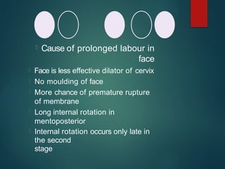  Cause of prolonged labour in
face
 Face is less effective dilator of cervix
 No moulding of face
 More chance of premature rupture
of membrane
 Long internal rotation in
mentoposterior
 Internal rotation occurs only late in
the second
stage
 