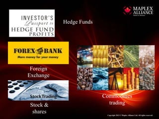 Hedge Funds




 Foreign
Exchange


                         Commodities
Stock &                    trading
 shares                   Copyright 2013 © Maplex Alliance Ltd. All rights reserved.
 