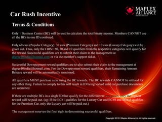 Car Rush Incentive
Terms & Conditions
Only 1 Business Centre (BC) will be used to calculate the total binary income. Members CANNOT use
all the BCs in one ID combined.

Only 60 cars (Popular Category), 30 cars (Premium Category) and 10 cars (Luxury Category) will be
given out. Thus, only the FIRST 60, 30 and 10 qualifiers from the respective categories will qualify for
the reward. Successful qualifiers are to submit their claim to the management at
degree10india@hotmail.com or via the member’s support ticket.

Successful Downpayment reward qualifiers are to also submit their claim to the management at
degree10india@hotmail.com. For the Downpayment reward qualifiers, their Remaining Amount
Release reward will be automatically monitored.

All qualifiers MUST purchase a car using the DC rewards. The DC rewards CANNOT be utilised for
any other thing. Failure to comply to this will result in ID being locked until car purchase documents
are submitted.

If there are multiple BCs in a single ID that qualify for the different car categories, only the highest
reward will be paid out. (eg: If the BC#1 qualifies for the Luxury Car and BC#8 and BC#15 qualifies
for the Premium Car, only the Luxury car will be paid out.)

The management reserves the final right in determining successful qualifiers.
                                                                          Copyright 2013 © Maplex Alliance Ltd. All rights reserved.
 
