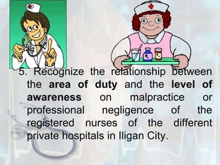 5. Recognize the relationship between the area of duty and the level of awareness on malpractice or professional negligence of the registered nurses of the different private hospitals in Iligan City.